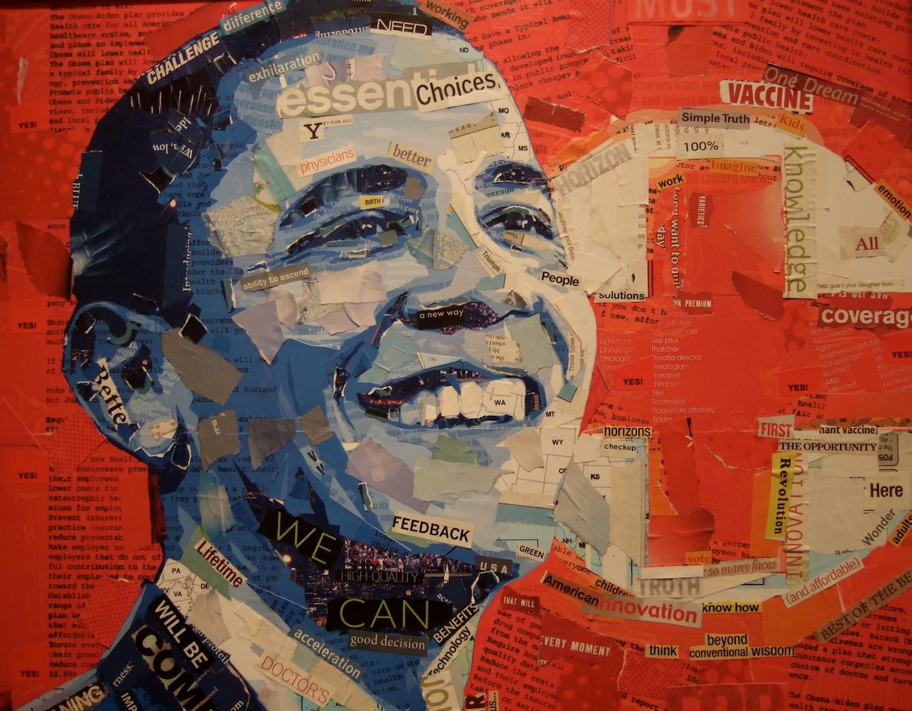 Photo detail of Derek Gores collage artwork of Barak Obama, at Manifest Hope, 2009